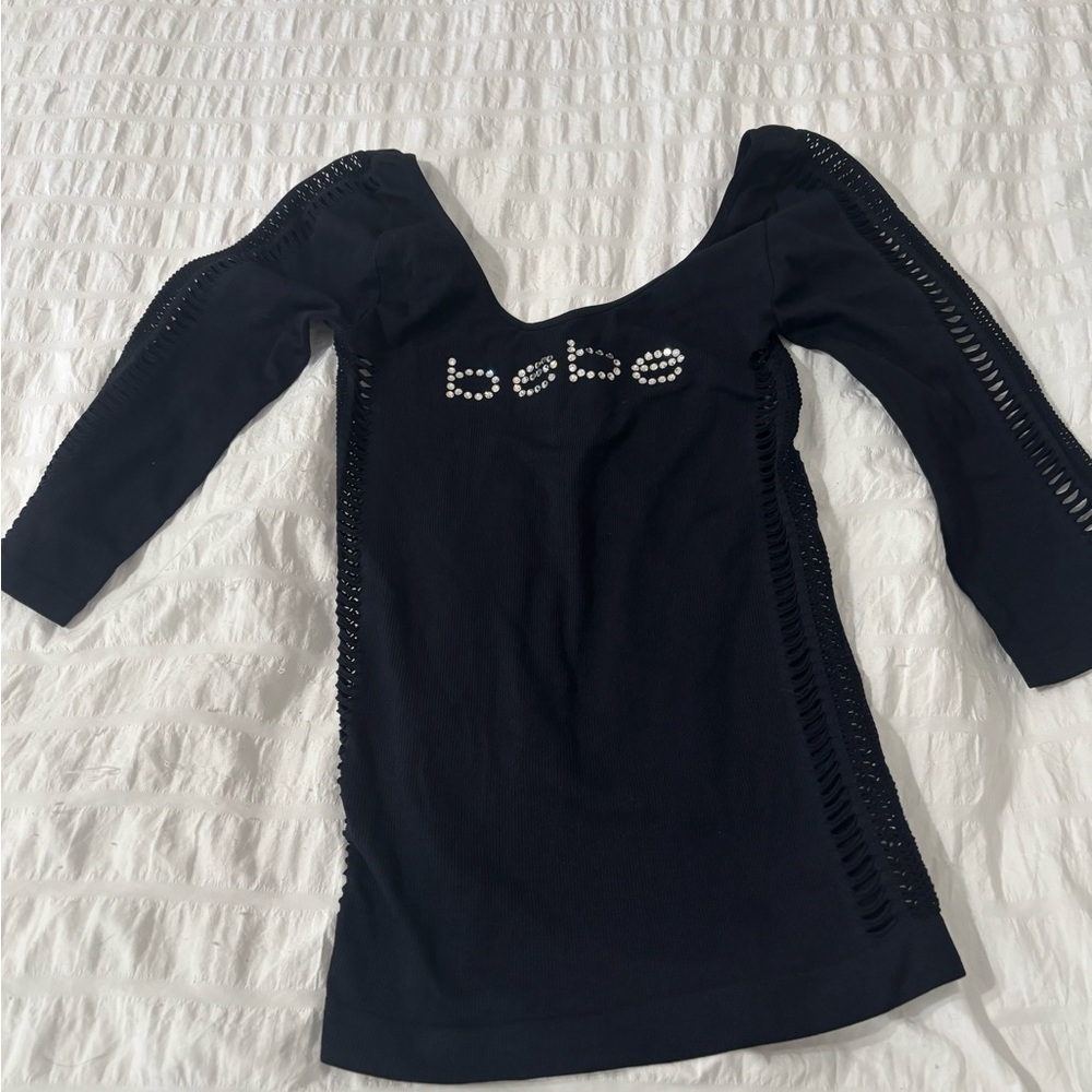 Bebe Elegant Black Top with Rhinestone Logo - Picture 2 of 5